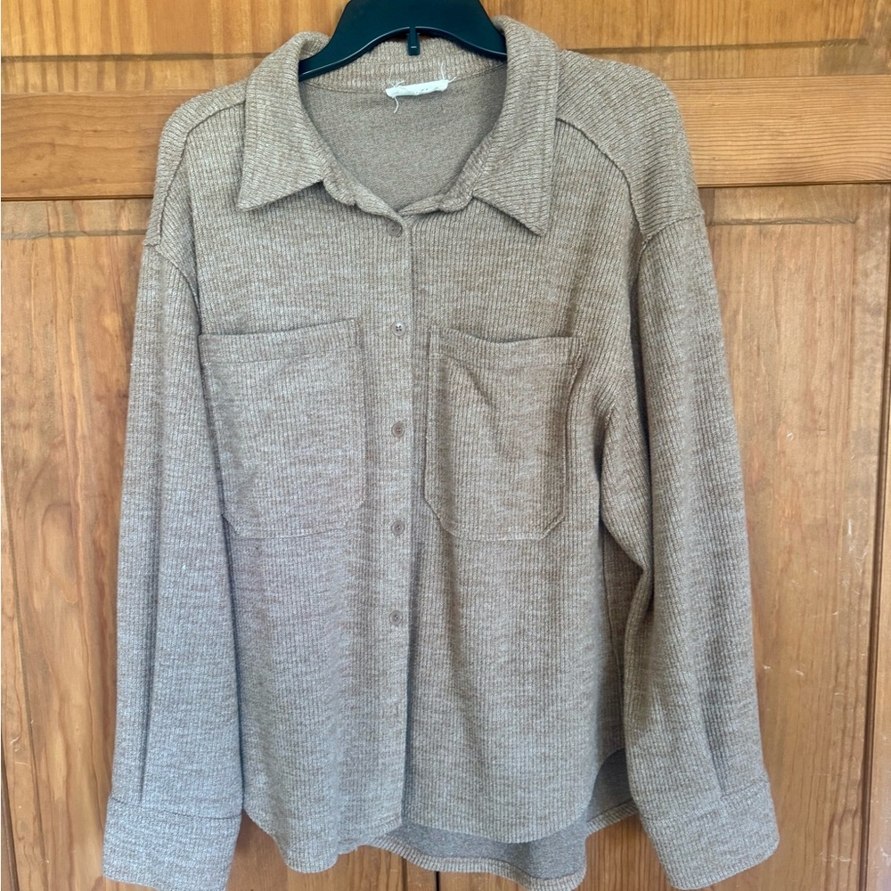 Women's Ribbed Button-Up Top -Brown - Picture 2 of 3